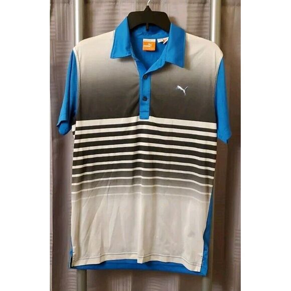 PUMA Golf Shirt Dry Cell Men Polo Blue White Gray‎ Striped Stretch Quick Dry S - Picture 1 of 4